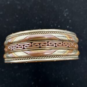 Vintage Tibetan Copper Brass Cuff Bracelet Mixed Metal Heavy Ornate Adjustable